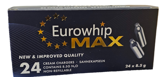 Den nyeste innovasjonen av Lystgass med vores Lystgasspatroner til kremflasker med vår eksklusive Eurowhip MAX 8.5g 24-pack - Golden Edition